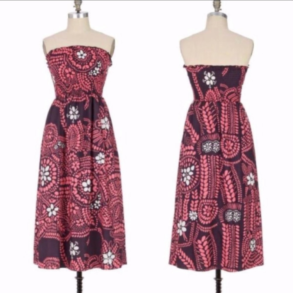 Anthropologie x Marimekko Brown&Pink Tube Top Midi Dress Sz.12 EUC